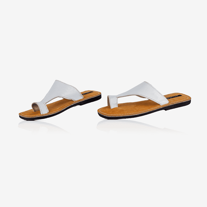 Raha White Leather Thong Wedge Sandals