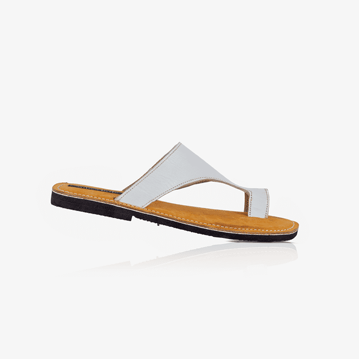 Raha White Leather Thong Wedge Sandals