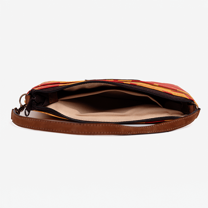 Brown leather pouch with a zipper on a white background