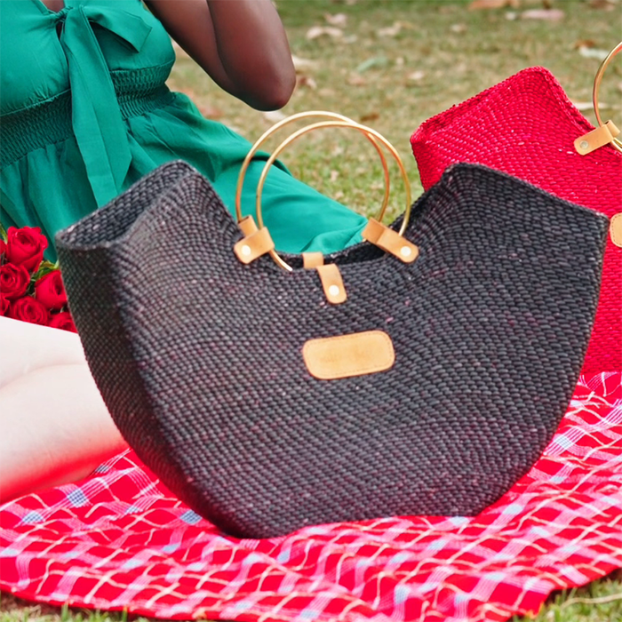 Handwoven Black Seagrass Tote with Brass Handles