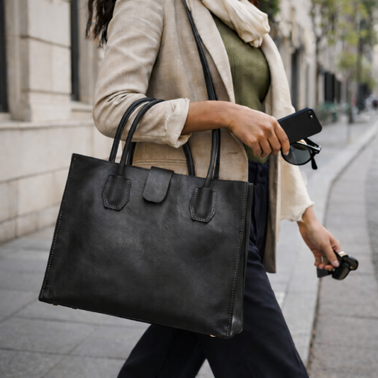Person holding a black leather handbag on a city street