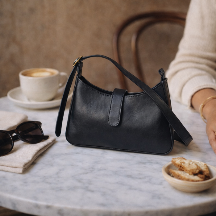 Black leather handbag on a marble table with a cup of coffee and snacks.