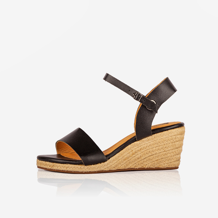 Image of a pair of black leather open toe espadrilles, produced by Australian brand Miriam Bella