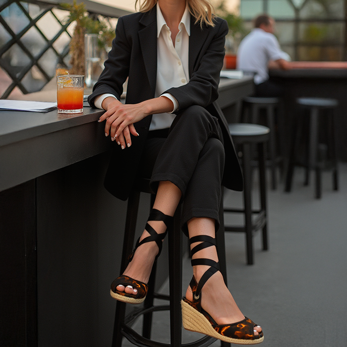 Woman wearing a suit and colourful African print espadrille wedge sandals at a bar in town. 