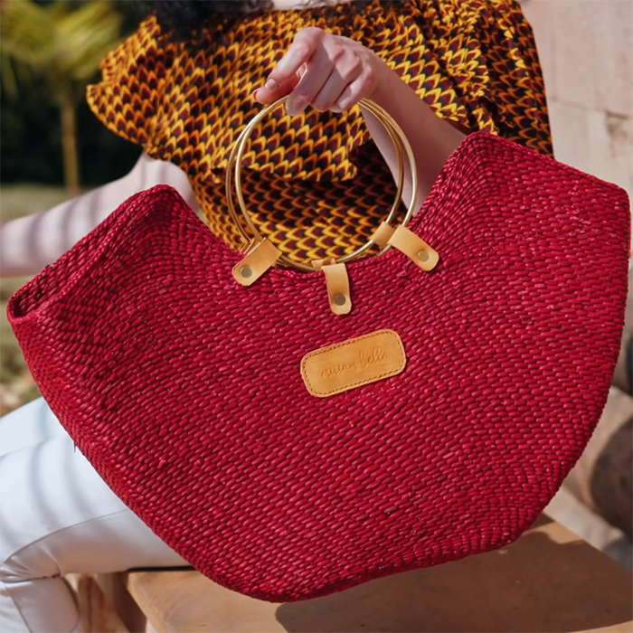 The Zuri Handwoven Red Seagrass Tote with Brass Handles