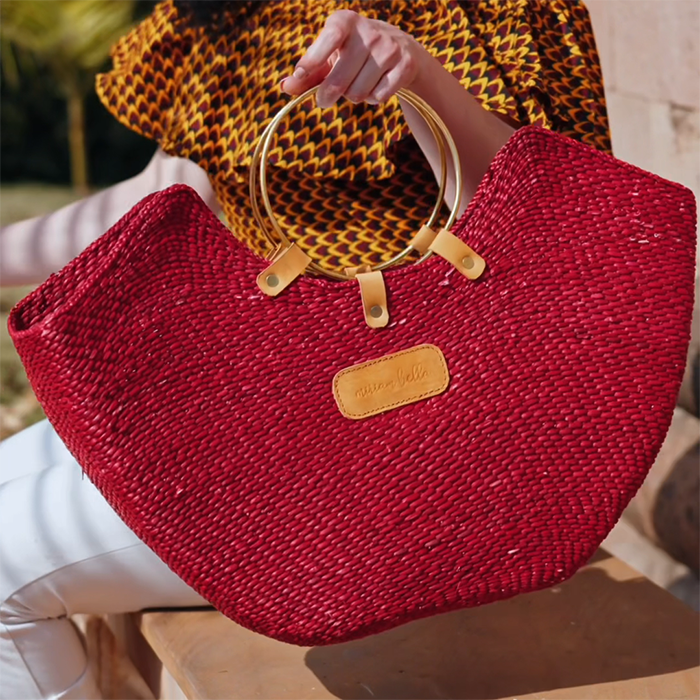 Handwoven Red Seagrass Tote with Brass Handles