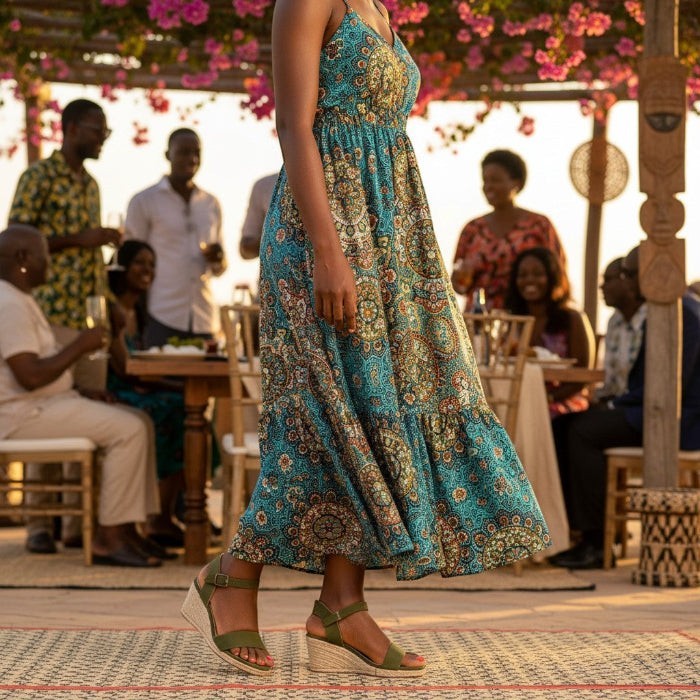 Woman in a floral dress and green espadrille wedge sandals standing in an outdoor setting with people and flowers in the background