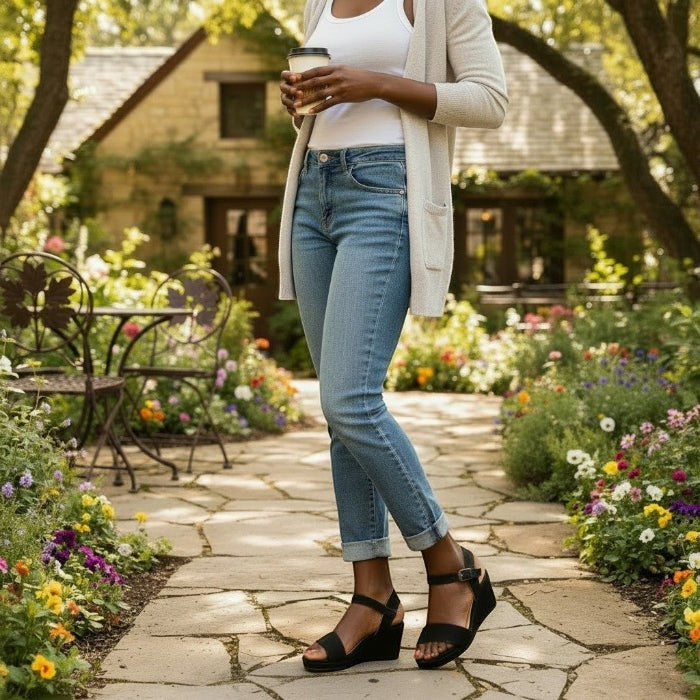 Person walking along a garden path wearing jans and a pair of black esadrille wedge sandals, holding a coffee cup, surrounded by flowers and a rustic building.
