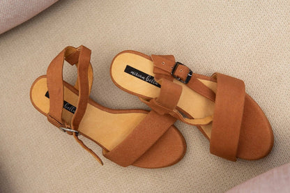 Miriam Bella tan canvas espadrille wedge sandals with buckle ankle strap and open toe. Comfortable and versatile.
