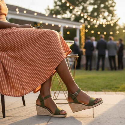 Person wearing green espadrille wedge sandals with a striped dress at an outdoor event.