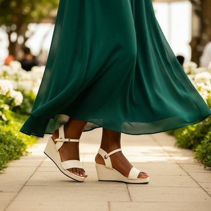 Person wearing a green dress and white high heel sandals on a paved path with blurred background
