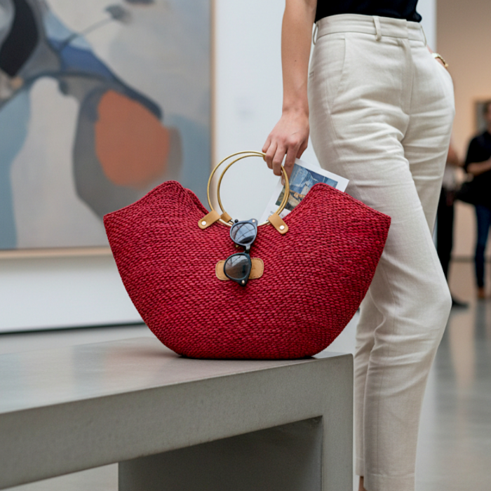 Red woven straw beach bag with brass handles, sunglasses, and a magazine, held by a woman in cream pants.