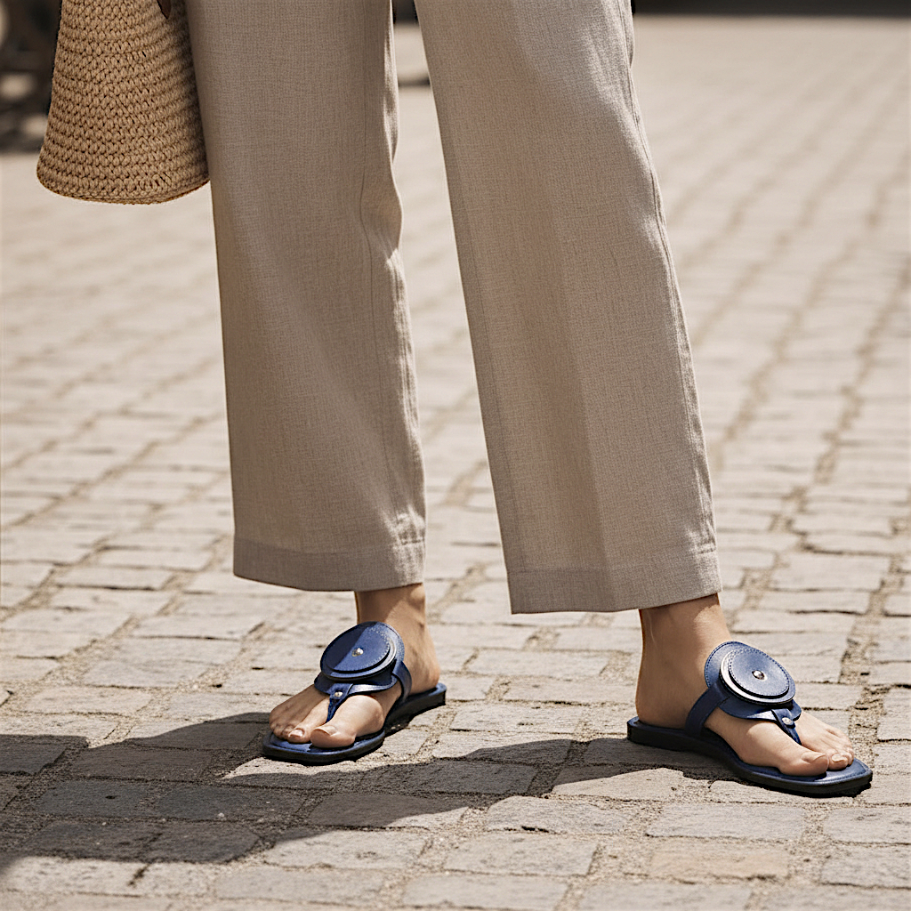 Person wearing indigo flat leather sandals on a stone pavement