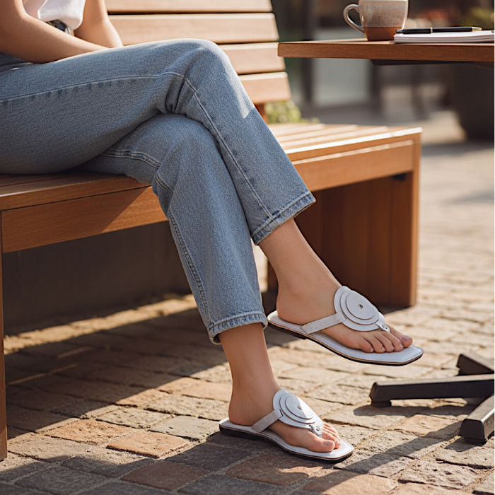Person wearing white leather sandals with a pattern, sitting on a wooden bench outdoors.