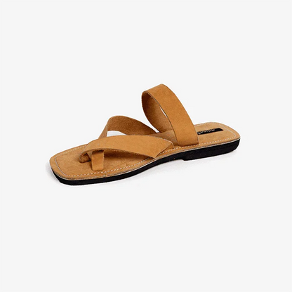 Image of handmade tan leather sandals with cross strap produced by Australian brand Miriam Bella