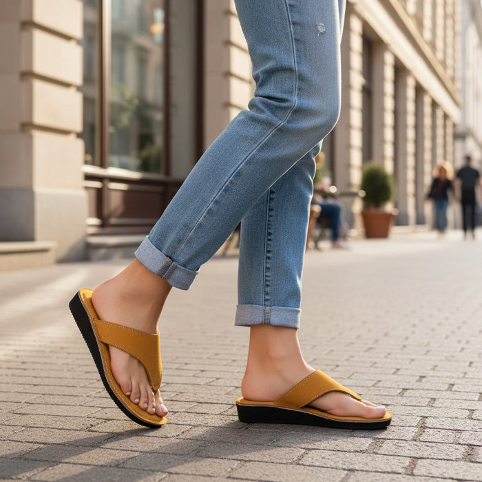 Person wearing tan Women's leather slide sandals and blue jeans walking on a sidewalk.
