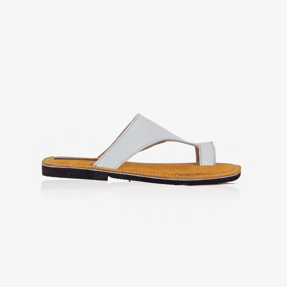 Raha White Leather Thong Wedge Sandals