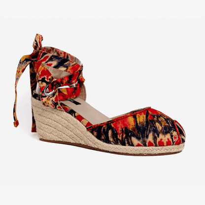 Image of a pair of African print espadrille wedge sandals, produced by Australian brand Miriam Bella