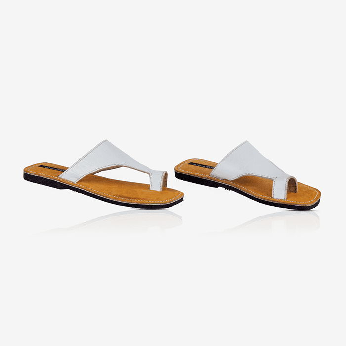 Raha White Leather Thong Wedge Sandals