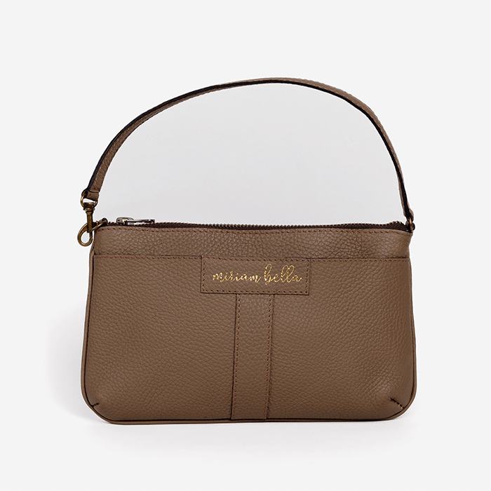 Brown handbag with a visible brand logo on a white background