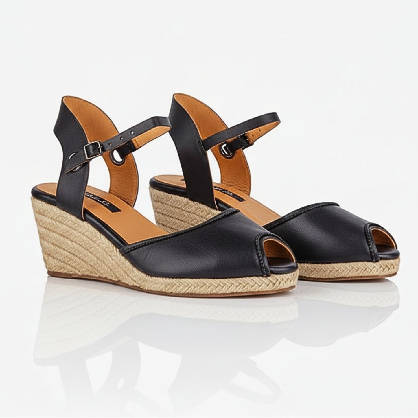 The Gaia Leather Espadrilles with Wedge Heel | Black & Ochre