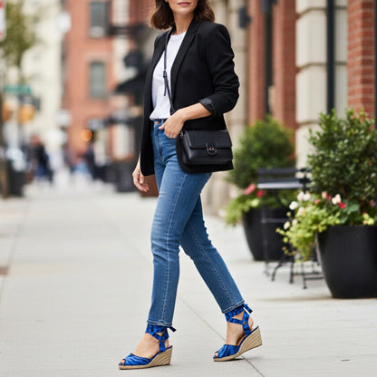 Woman walking on a city street wearing a black blazer, white shirt, blue jeans, and blue sandals.