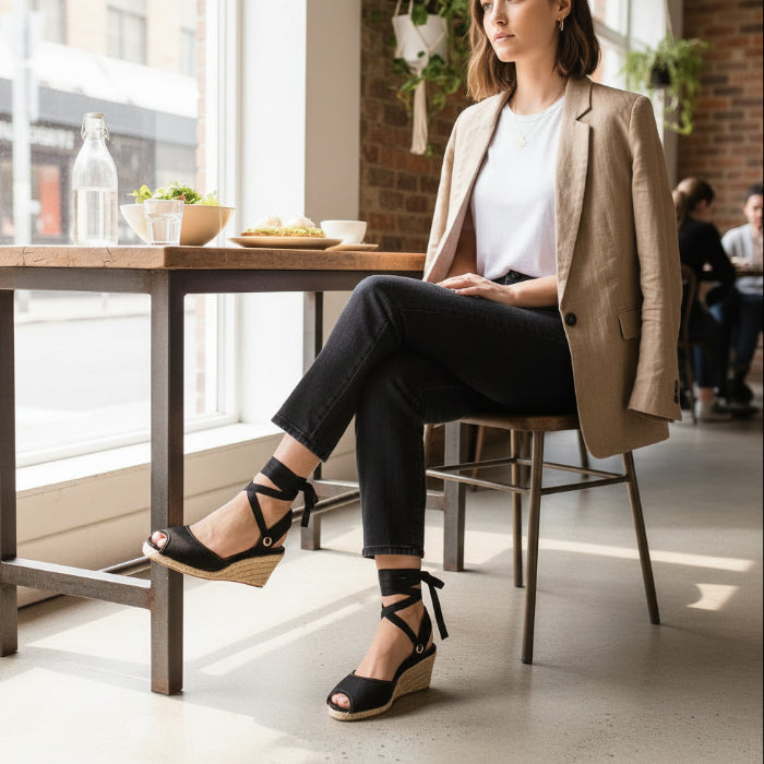 Woman wearing Gaia black canvas closed toe espadrille wedge heels with black jeans at a cafe.