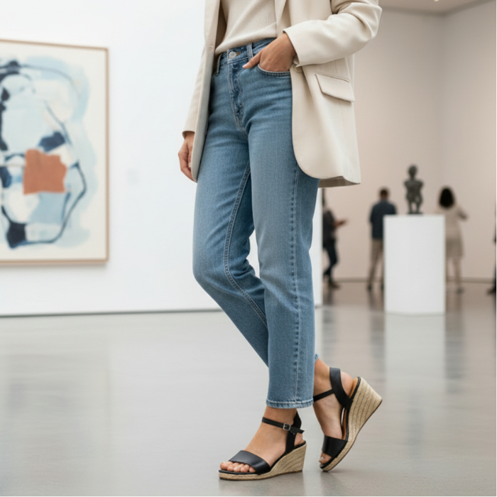 Gaia black leather open toe espadrille wedge sandals worn with jeans while walking indoors.