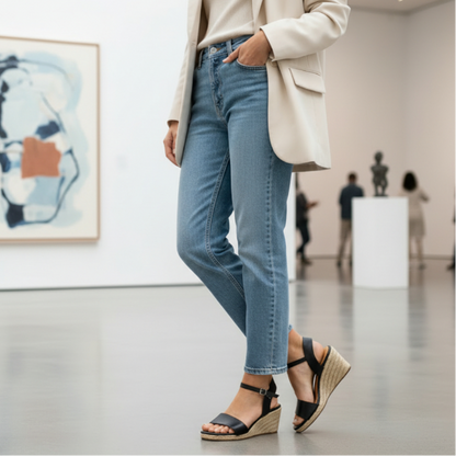 Gaia black leather open toe espadrille wedge sandals worn with jeans while walking indoors.