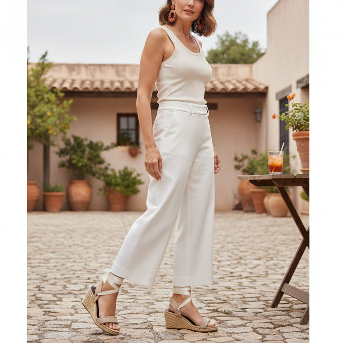 Woman wearing Gaia cream canvas wedge espadrilles with white ribbon ankle ties and white trousers.