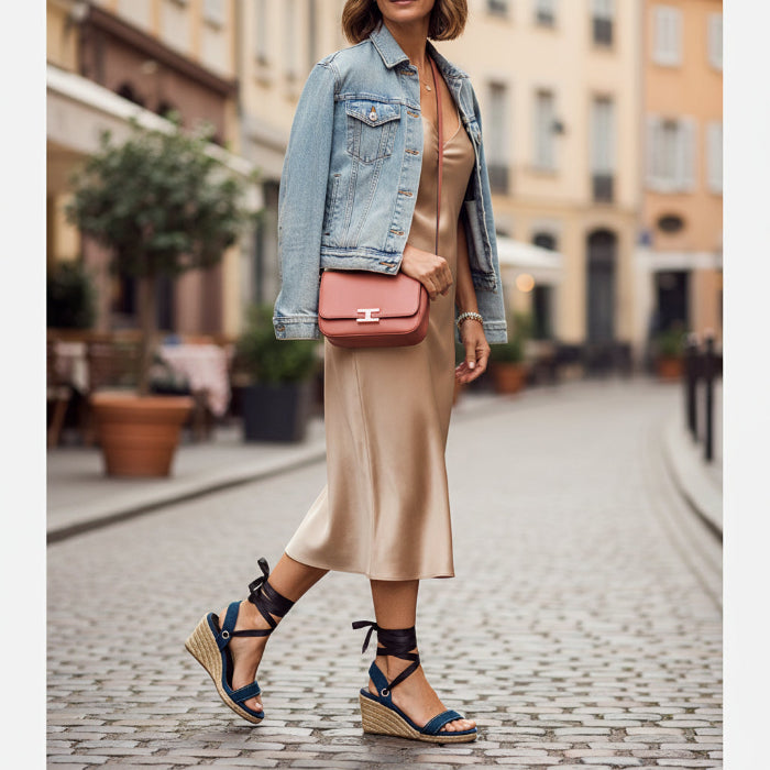 Woman wearing Gaia indigo canvas wedge espadrilles with black ribbon ankle ties in a street setting.