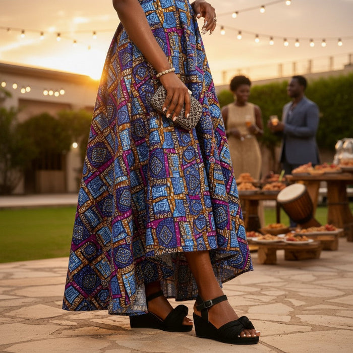 Person wearing a colorful patterned dress and black espadrille wedges with a blurred background of people and food.