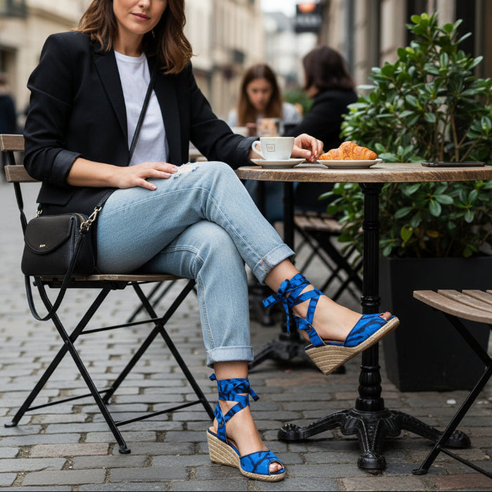 Woman wearing Gaia Ocean Spirit espadrille wedge sandals with blue ankle ties at an outdoor cafe.