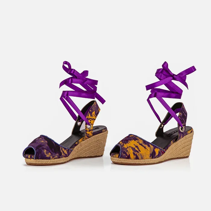Gaia Royal Ember espadrille wedge heels with purple ankle ties and printed canvas upper