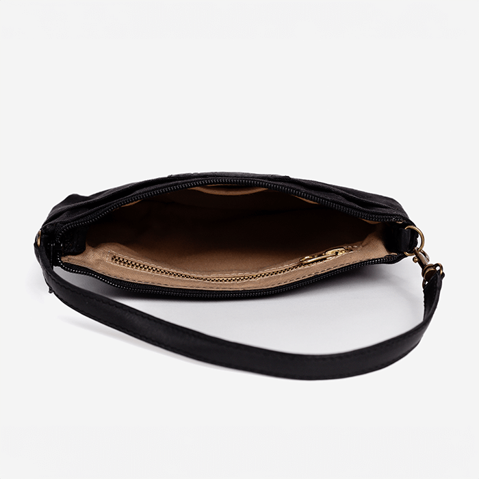 Black leather pouch with gold zipper on a white background