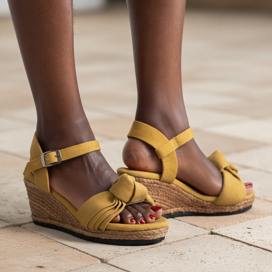 A person wearing mustard wedge sandals with crisscross front straps and a braided jute wedge, shown from the calves down on a light floor with a gray planter in the background.