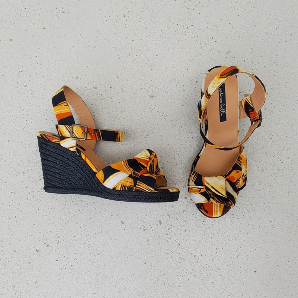The Gaia Printed Knot Wedge Sandals | Burgundy & Sunset Print